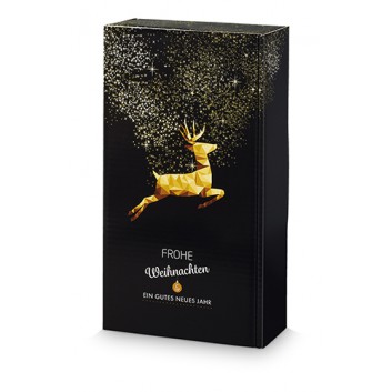  Präsent-Flaschenkarton für Postversand; für 2 Flaschen; Goldhirsch + Text: Frohe Weihnachten; gold auf schwarz; glatte Oberfläche 
