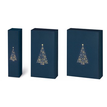  Präsent-Flaschenkarton für Postversand; für 1, 2 oder 3 Flaschen; Weihnachtsbaum-Kristalle; dunkelblau + Gold-/Silberprägung 