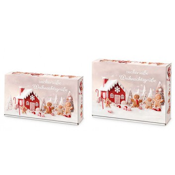  Präsent-Flaschenkarton für Postversand; für 2 oder 3 Flaschen; Fotomotiv: Lebkuchenmänner; creme +Fotomotiv bunt / innen: weiß; glatte Oberfläche 