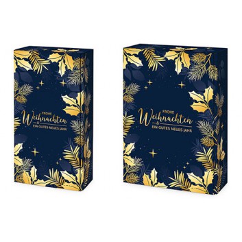  Präsent-Flaschenkarton für Postversand; für 2 oder 3 Flaschen; Ilexranken; blau-gold / innen: weiß; glatte Oberfläche 