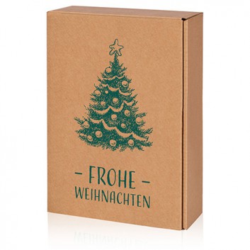  Präsent-Flaschenkarton für Postversand; für 3 Flaschen; Frohe Weihnachten + Tannenbaum; naturbraun mit grünem Druck; glatte Oberfläche 