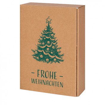  Präsent-Flaschenkarton für Postversand; für 3 Flaschen; Frohe Weihnachten + Tannenbaum; naturbraun mit grünem Druck; glatte Oberfläche 