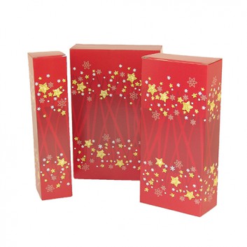  Flaschen-Faltkarton zum Überreichen; für 2 oder 3 Flaschen (Abverkauf); Advent: Sterne und Streifen -schmal!; rot + gold; glatte Oberfläche 