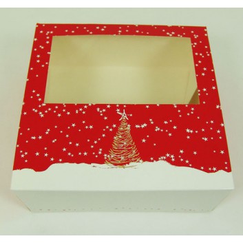  Weihnachts-Sichtfensterbox; 190 x 190 x 80 mm; Schneesturm; rot-weiß; Vollpappe; 1-teilig, anhängender Deckel 