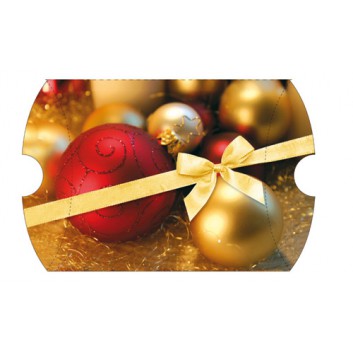  Weihnachts-Kissenkarton; ca. 111 x 111 x 30 mm (L x B x H); Weihnachtskugeln & Schleife; rot-gold; Rückseite mit Beschriftungsfeld 