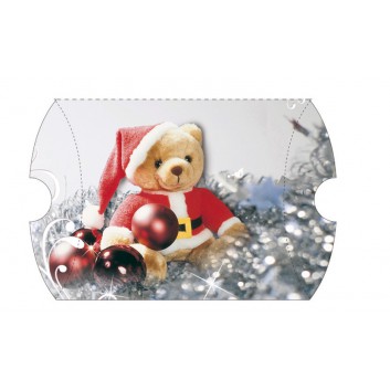  Weihnachts-Kissenkarton; ca. 111 x 111 x ca. 30 mm (L x; Teddy mit Nikolausmütze; Rückseite mit Beschriftungsfel 
