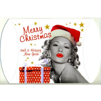  Sü Weihnachts-Kissenkarton; ca. 111 x 111 x ca. 30 mm; Foto: Modell+Päckchen, englischer Text; rot auf weiß; Rückseite mit Beschriftungsfel 