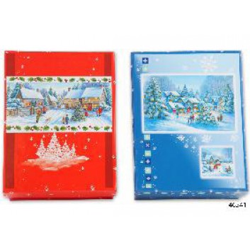  Weihnachts-Geschenkkarton; 145 x 115 x 55 mm; verschneites Dorf; blau / rot; stabiler Stülpdeckelkarton 