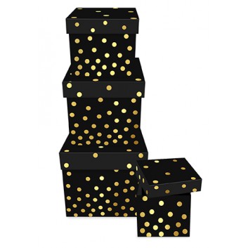  Braun & Company Geschenkkartons, div. Formate; von 8x8x7,5 bis 14x14x13,5cm; Golden Dots: Punkte; schwarz-gold; innen: schwarz; Quadrat, Deluxe 