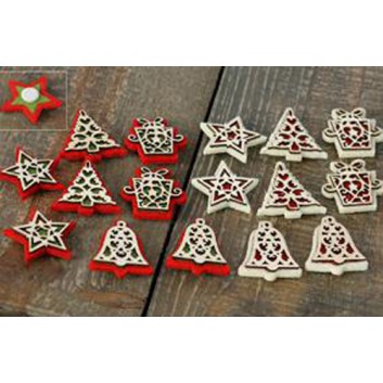  Weihnachts-Schmuck-Etiketten; sortiert:Stern,Tannenbaum,Glocke,Laterne; creme; Holz auf Filz; - rote Variante ausverkauft - 