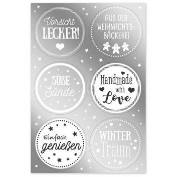  Weihnachts-Schmuck-Etiketten; 115 x 170 mm (Blattformat); Texte: Süße Sünde, Handmade; weiß und transparent; 24 Sticker, Durchmesser ca. 25,3 mm 