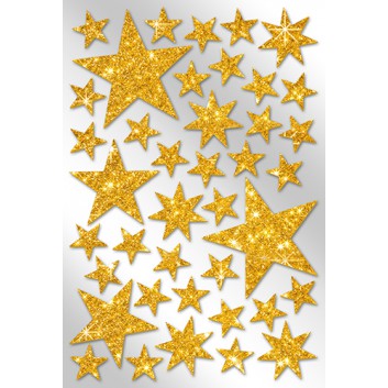  Weihnachts-Schmuck-Etiketten; 115 x 170 mm (Blattformat); Glimmersterne; gold; 40 Sterne, sortierte Größen: 15 - 50 mm; 4606-0009 