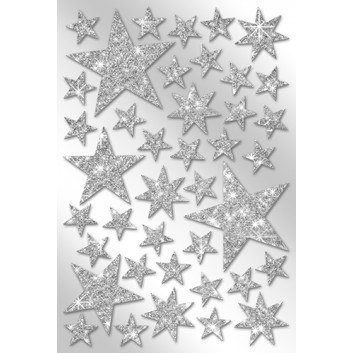  Weihnachts-Schmuck-Etiketten; 115 x 170 mm (Blattformat); Glimmersterne; silber; 40 Sterne, sortierte Größen: 15 - 50 mm; 4606-0010 