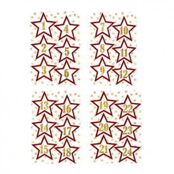  Weihnachts-Schmuck-Etiketten; 115 x 170 mm (Blattformat); Adventskalenderzahlen 1-24; gold mit rotem Stern; 24 Sticker, Durchmesser ca. 50 mm 