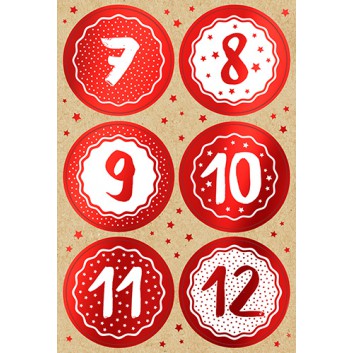  Weihnachts-Schmuck-Etiketten; 115 x 170 mm (Blattformat); Adventskalenderzahlen 1-24, groß; rot-metallic; 24 Sticker, Durchmesser ca. 50 mm 