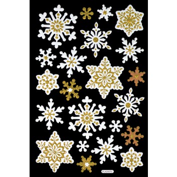  Weihnachts-Schmuck-Etiketten; 140 x 210 mm (Blattformat); 3D-Reliefsticker: Eiskristalle; weiß-gold; 22 Sticker, sortierte Größen: 15 - 45 mm 