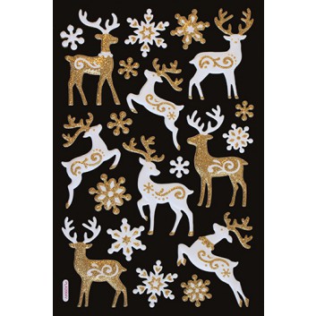  Weihnachts-Schmuck-Etiketten; 140 x 210 mm (Blattformat); 3D-Reliefsticker: Hirsche & Eiskristalle; weiß-gold; 20 Sticker, Hirsche ca. 35 x 60mm 