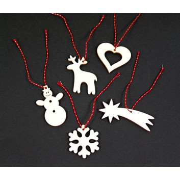  Holz-Anhänger / Streudeko 10er-Pack; verschiedene Motive; ca. 3-5 cm; mit rot-goldener Kordel zum Einfädeln 