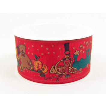  Präsent Weihnachts-Geschenkband; 40 mm x 2 m; Weihnachtsspielzeug; roter Hintergrund; Kleinrolle; mit Drahtkante; Textilband 