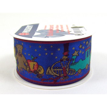  Präsent Weihnachts-Geschenkband; 40 mm x 2 m; Weihnachtsspielzeug; blauer Hintergrund; Kleinrolle; mit Drahtkante; Textilband 