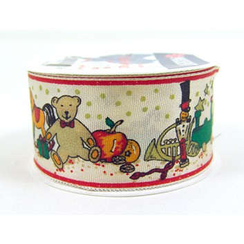  Präsent Weihnachts-Geschenkband; 40 mm x 2 m; Weihnachtsspielzeug; weißer Hintergrund; Kleinrolle; mit Drahtkante; Textilband 