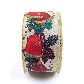 Präsent Weihnachts-Geschenkband; 40 mm x 2 m; rote Glocken mit Zweig; weißer Hintergrund; Kleinrolle; mit Drahtkante; Textilband 