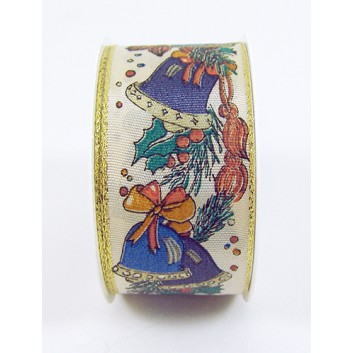  Präsent Weihnachts-Geschenkband; 40 mm x 2 m; blaue Glocken mit Zweig; weißer Hintergrund; Kleinrolle; mit Drahtkante; Textilband 