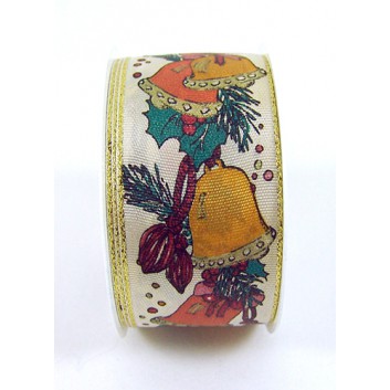  Präsent Weihnachts-Geschenkband; 40 mm x 2 m; gelbe Glocken mit Zweig; weißer Hintergrund; Kleinrolle; mit Drahtkante; Textilband 