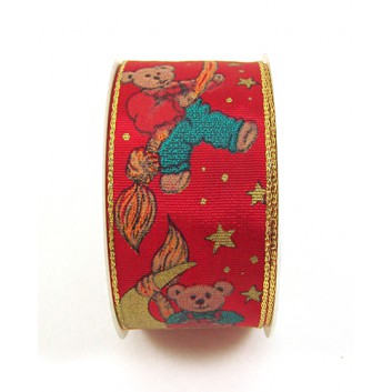  Präsent Weihnachts-Geschenkband; 40 mm x 2 m; Teddybären und Sterne; roter Hintergrund; Kleinrolle; mit Drahtkante; Textilband 