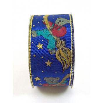  Präsent Weihnachts-Geschenkband; 40 mm x 2 m; Teddybären und Sterne; blauer Hintergrund; Kleinrolle; mit Drahtkante; Textilband 
