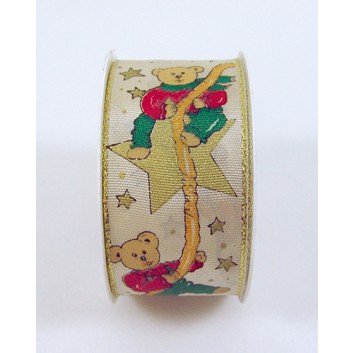  Präsent Weihnachts-Geschenkband; 40 mm x 2 m; Teddybären und Sterne; weißer Hintergrund; Kleinrolle; mit Drahtkante; Textilband 