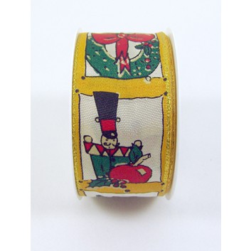  Präsent Weihnachts-Geschenkband; 40 mm x 2 m; verschiedene W-Motive in Kästchen; weißer Hintergrund; Kleinrolle; mit Drahtkante; Textilband 