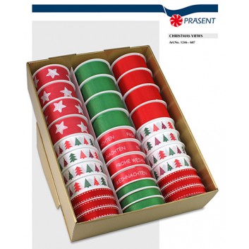  Präsent Weihnachts-Geschenkband; sortierte Formate: 15 / 25 / 40 mm; uni und sortierte Motive; rot-dunkelgrün-weiß; 1246-607 