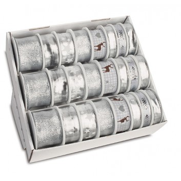  Präsent Weihnachts-Geschenkband-Sortiment; 15 x 4 m / 25 x 3 m / 40 mm x 2 m; uni und Motiv - div. Varianten; silber; 813_631; Kleinrolle 