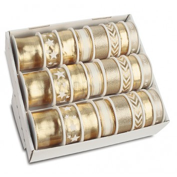  Präsent Weihnachts-Geschenkband-Sortiment; 15 x 4 m / 25 x 3 m / 40 mm x 2 m; uni und Motiv; gold; 813_634; Kleinrolle; ohne/mit Drahtkante 