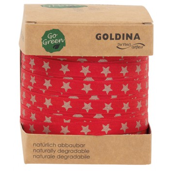  GoldiDecor Weihnachts-Ringelband 100%-Nature; 10 mm x 100 m; Stern, groß; rot + Stern naturbraun; Baumwollringelband/Kräuselband; ohne Draht 