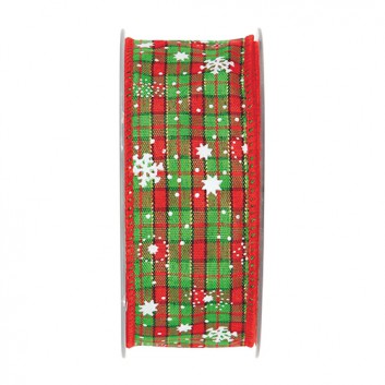  Weihnachts-Geschenkband mit Drahtkante; 40 mm x 10 m; Eiskristalle auf Schotten; rot-grün-weiß; # 3594_17; Textilband; mit Drahtkante 