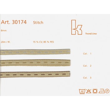  SWS Geschenkband; 8 mm x 20 m; Stitch: Streifchen; 3 Farbstellungen auf naturfarbenem Grund; 30174-; ohne Draht; 15% CV, 85 % PES 