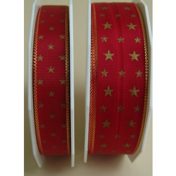  Präsent Weihnachts-Geschenkband; 15 mm / 25 mm x 25 m; Island: Sterne; gold auf rot; 87-15-25-609; ohne Draht; Textilband 