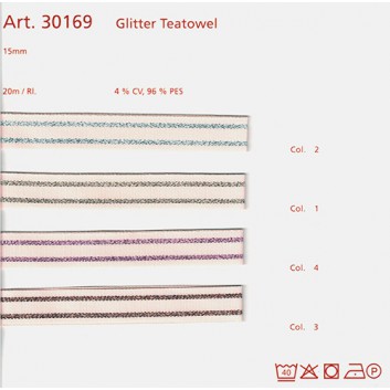  SWS Geschenkband; 15 mm x 20 m; Glitter Teatowel: Streifen; 4 Farbstellungen auf cremefarbenem Grund; 30169-; Textilband; ohne Draht 