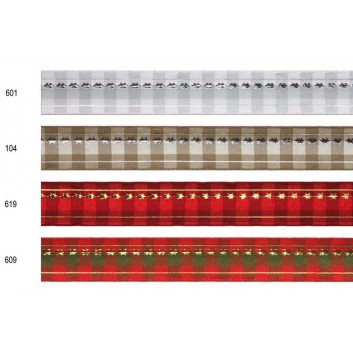  Präsent Weihnachts-Geschenkband; 25 mm x 20 m; Bormio: Karo und Sterne; 601 = weiß-silbergrau; 291-25-20-601; Textilband; mit Draht 