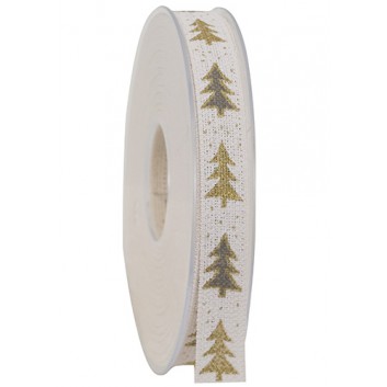  GoldiDecor Weihnachts-Geschenkband; 15 mm x 20 m; Waldfest: Tannenbäume; natur mit grünen Tanne + gold; 351a 015 01/15 0020; Baumwollband, bedruckt 