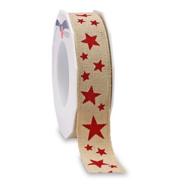  Präsent Weihnachts-Geschenkband; 25 mm x 15 m; Salzburg: Sterne; natur, Sterne in rot; 717 25 15 309; Textilband aus Leinen; ohne Drahtkante 