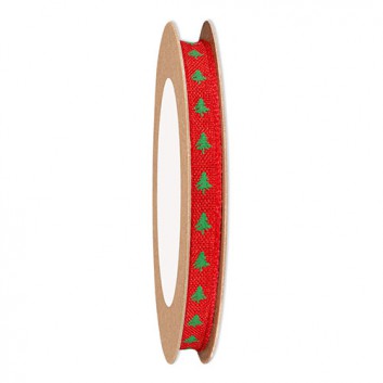  Weihnachts-Geschenkband; 10 mm x 15 m; Tannenbäumchen; grün auf rotem Grund; ohne Drahtkante; Textilband 
