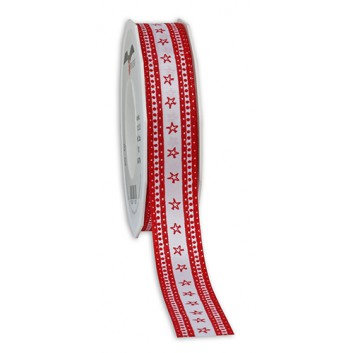  Präsent Weihnachts-Geschenkband; 25 mm x 20 m; Stubai: Sterne; weiß mit roten Sternen; 846 25 20 609; Textilband; ohne Draht; Textilband 
