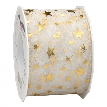  Präsent Weihnachts-Geschenkband; 72 mm x 15 m; Orion: Sterne; 634 = gold auf creme; 210-75-15-634; Transparenteffektband; mit Draht 