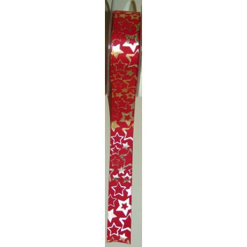  SWS Weihnachts-Geschenkband; 25 mm x 25 m; Galaxie: Sterne; gold auf rot; 28920-3865; ohne Draht; Taftband 