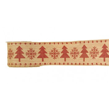  Weihnachts-Geschenkband mit Drahtkante; 63 mm x 10 m; Rustikal: Tannen + Eiskristalle auf Holz; bordeaux auf hellbraun; 3016_08; Textilband 