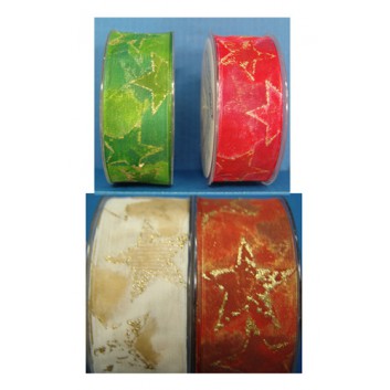  da Vinci Weihnachts-Geschenkband mit Drahtkante; 40 mm x 20 m; Sterne; rot / creme / kupfer; 110098; Textilband; mit Draht 