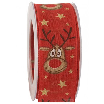  GoldiDecor Weihnachts-Geschenkband; 40 mm x 20 m; Red Nose Rudi - Rentier; rot; 341a 040 20 0020; Baumwollband, bedruckt; mit Drahtkante 